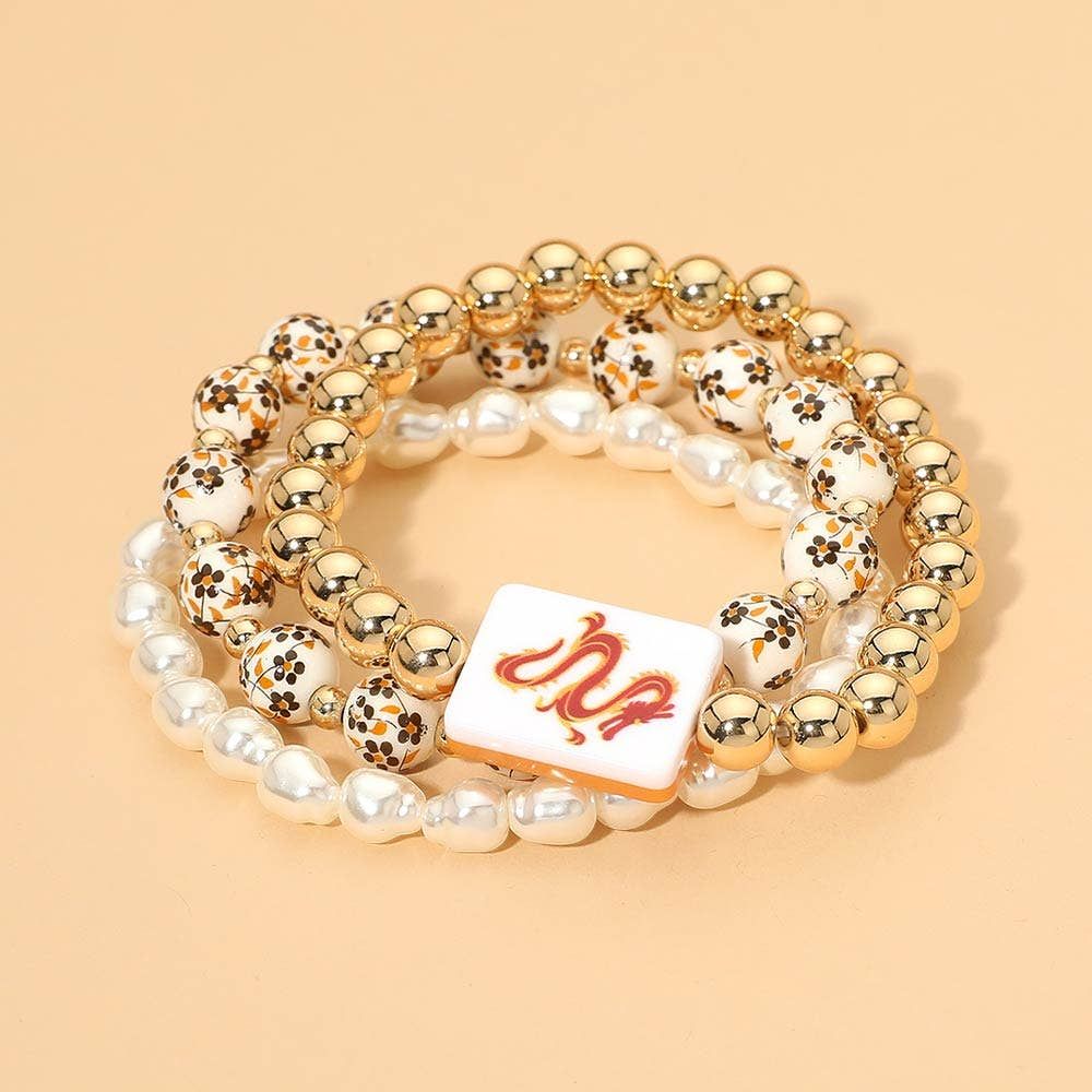Mahjong Floral Pearl Beaded Stretch Multi Layered Bracelet, Color: Brown,Gold