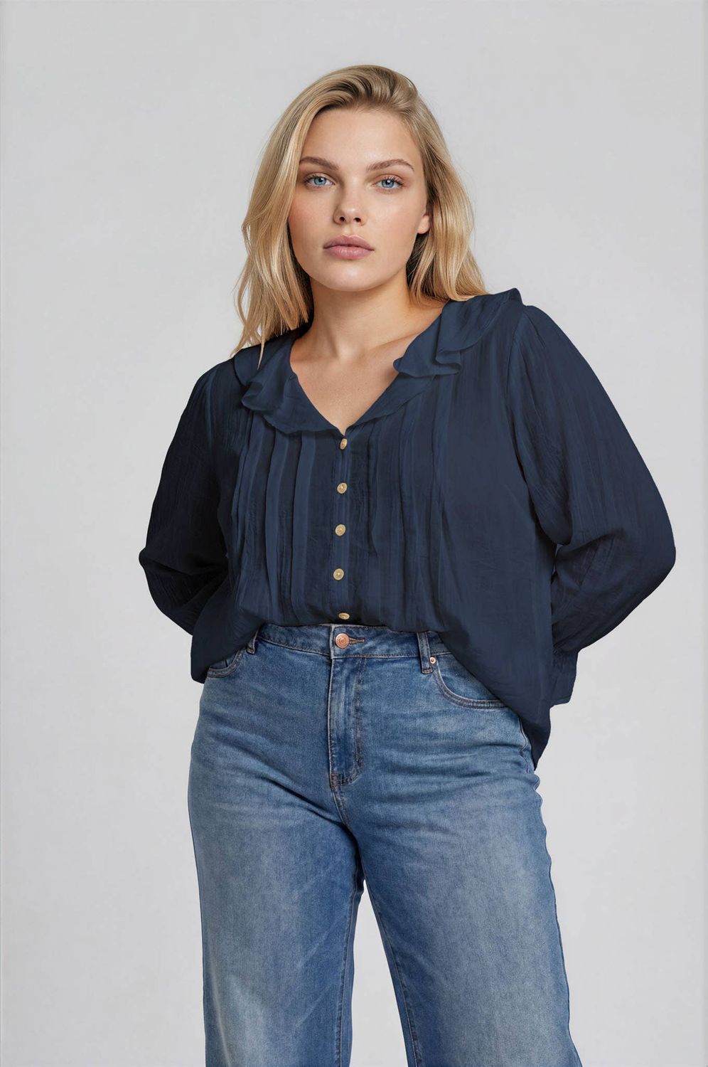 PLUS RUFFLED V NECK BUTTON DOWN 3/4 SLEEVE BLOUSE, Color: NAVY, Size: 1X