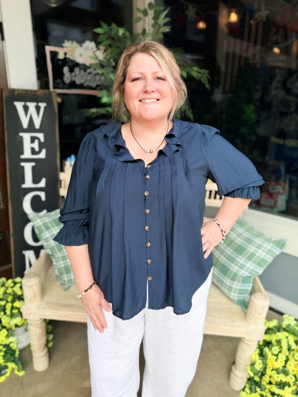 PLUS RUFFLED V NECK BUTTON DOWN 3/4 SLEEVE BLOUSE