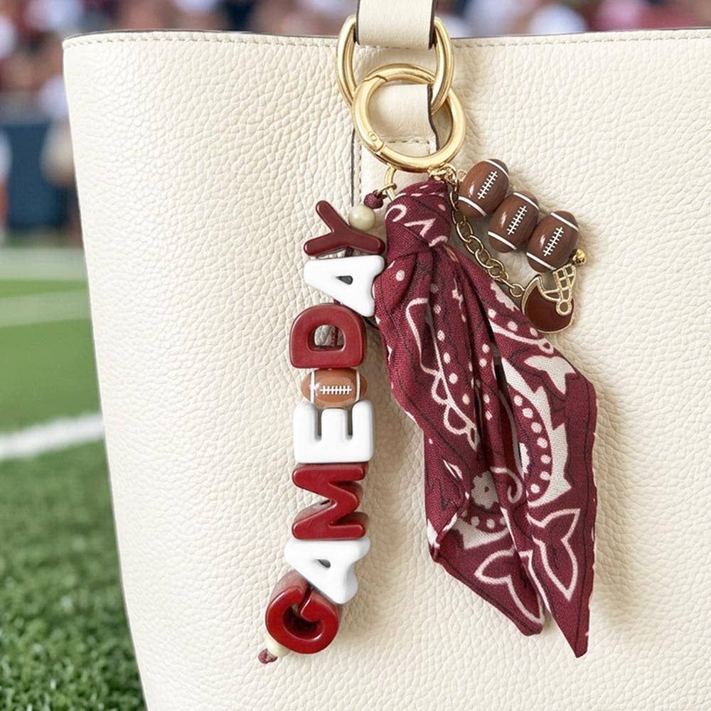 GAMEDAY Football Helmet Charm Bandana Fabric Scarf Keychain Bag Charm, Color: Burgundy,White
