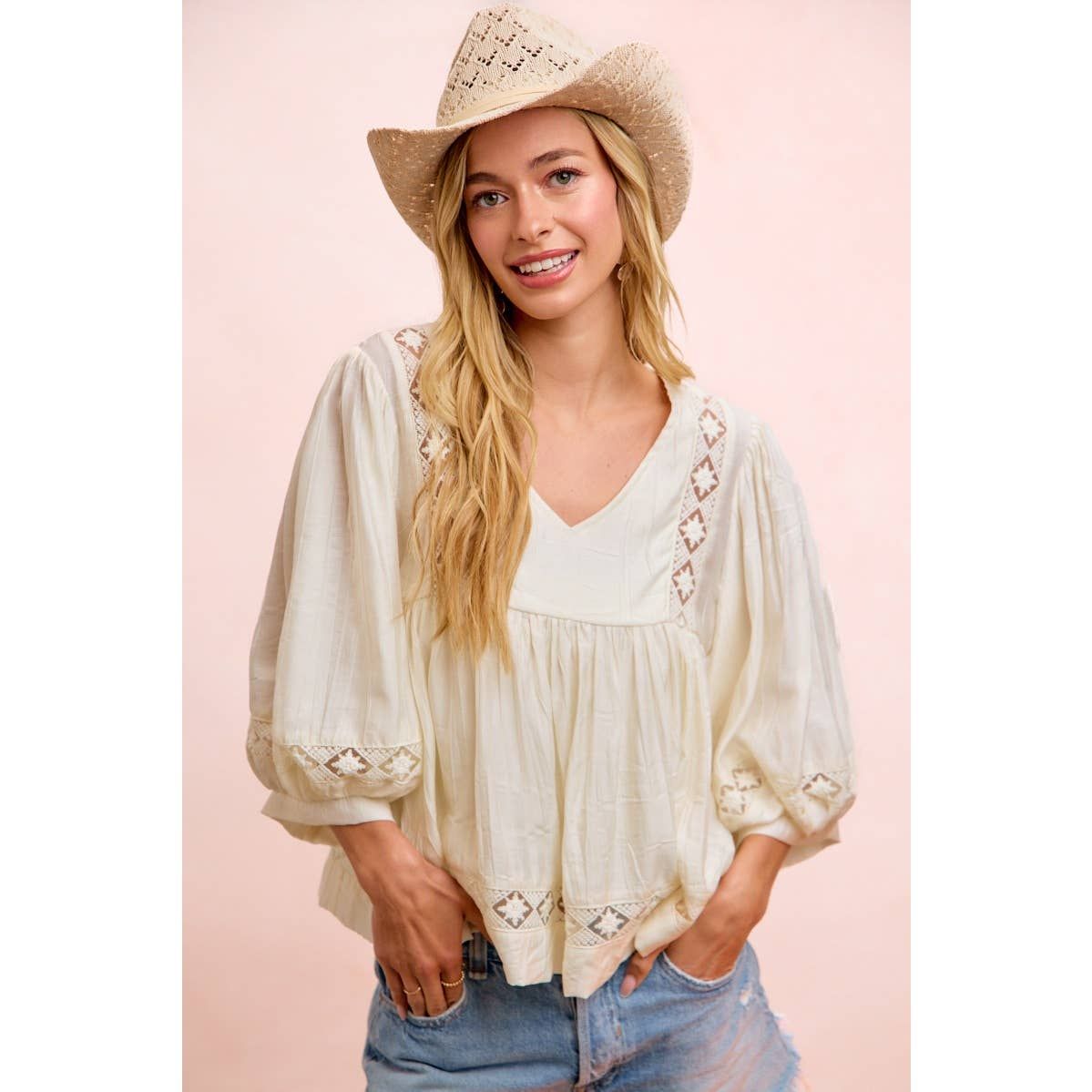 CRINKLE WOVEN V NECK TOP WITH CROCHET, Color: IVORY, Size: XL