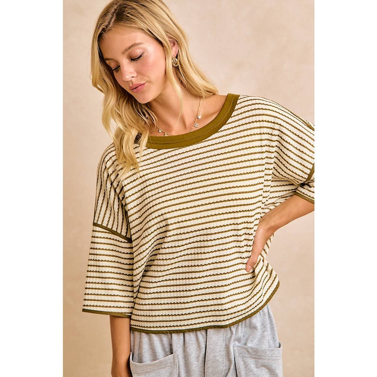 WAFFLE STRIPE  RELAXED FIT TOP, Size: XL