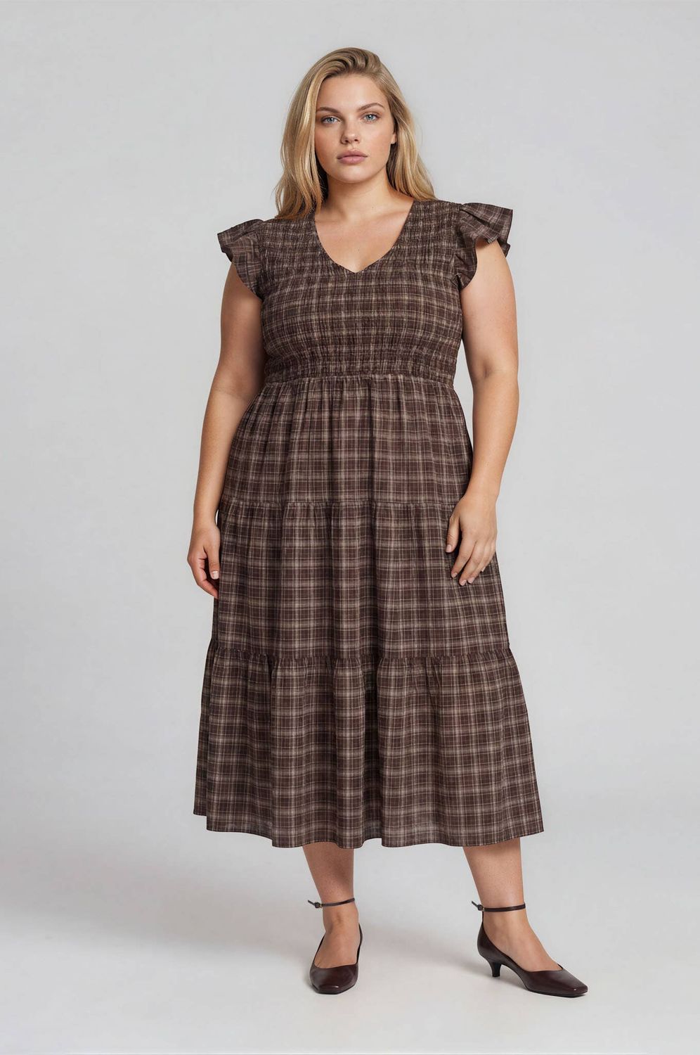 PLUS PLAID V NECK SMOCKED TIERED MIDI DRESS, Color: BROWN, Size: 1X