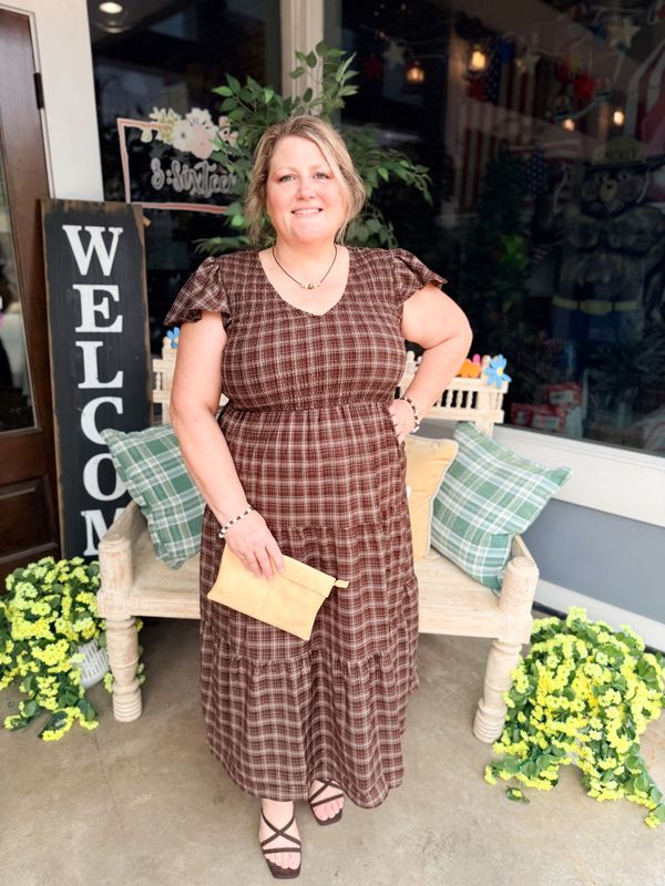 PLUS PLAID V NECK SMOCKED TIERED MIDI DRESS