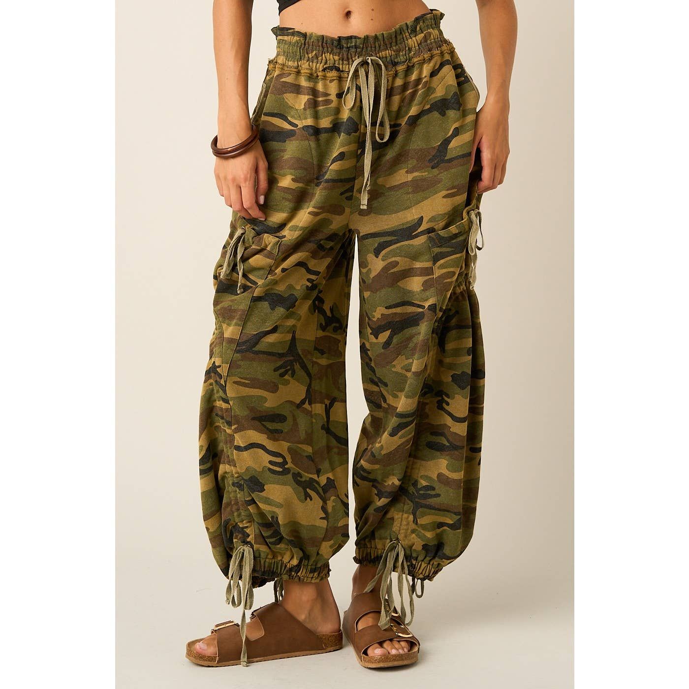 Camo Cargo Drawstring Pants, Color: ARMY GREEN, Size: S