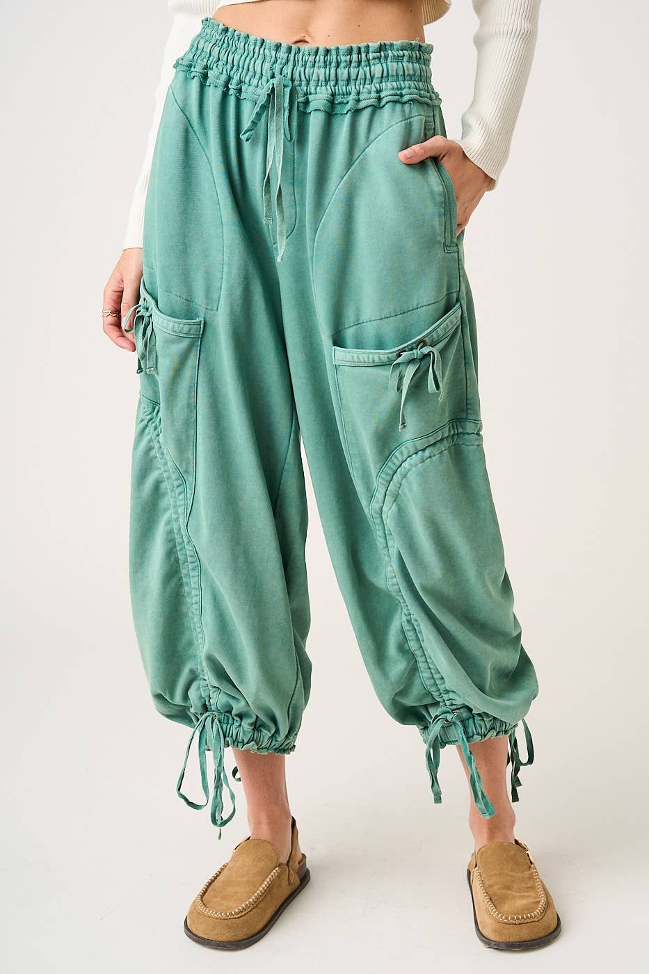 French Terry Washed Balloon Pants, Color: HERITAGE GREEN, Size: S