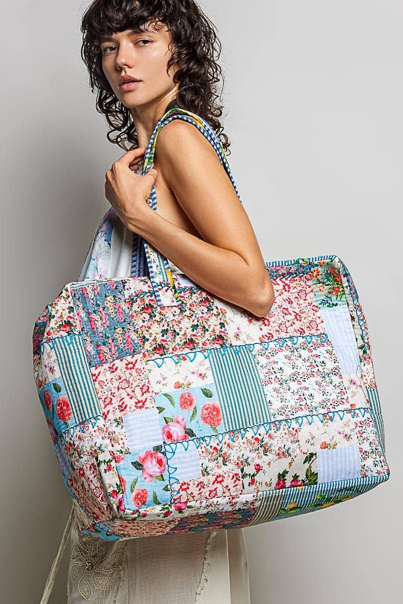 Trompe L’oeil Patchwork Structured Quilted Tote Bag, Color: IVORY/BLUE, Size: os