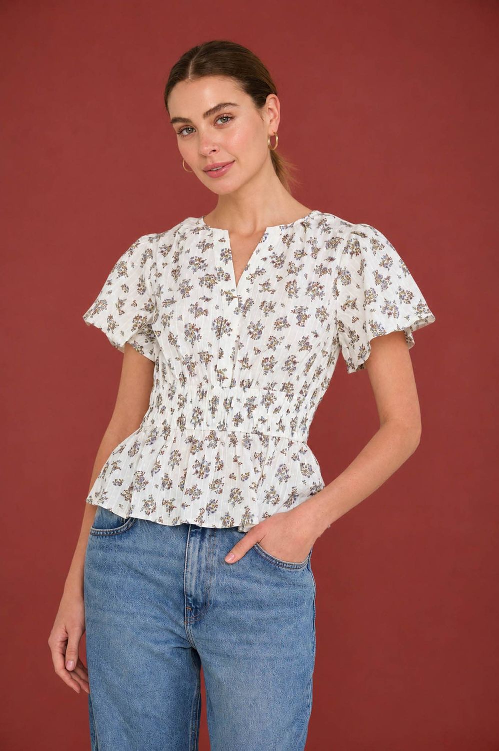 FLORAL DOT SPLIT NECK BELL SLEEVE TOP, Size: S