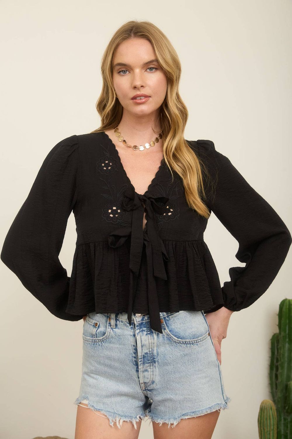 FLORAL EYELET EMBROIDERY FRONT TIE LONG SLEEVE TOP, Size: S