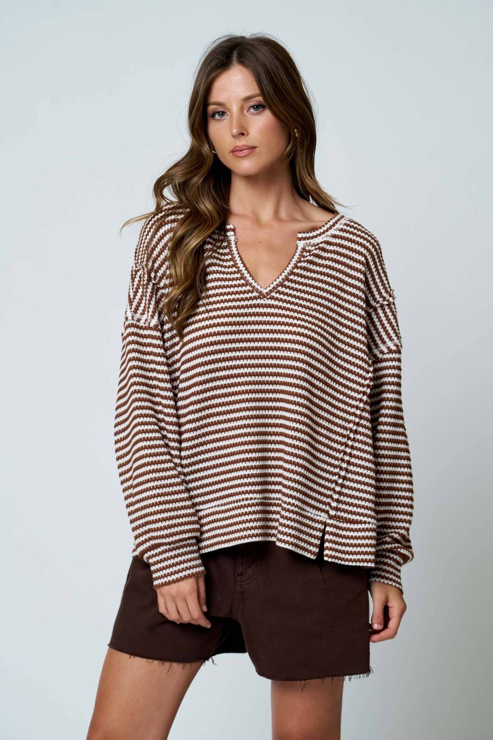 STRIPE SPLIT NECK LONG SLEEVE SEAM DETAIL KNIT TOP, Size: S