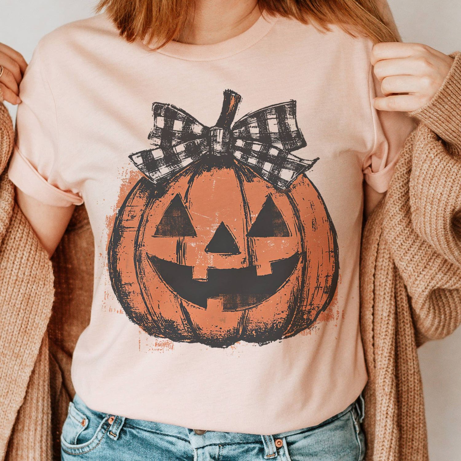 Halloween Jack-O-Lantern Preppy Bow Fall Market Graphic Tee, Color: Peach, Size: Large