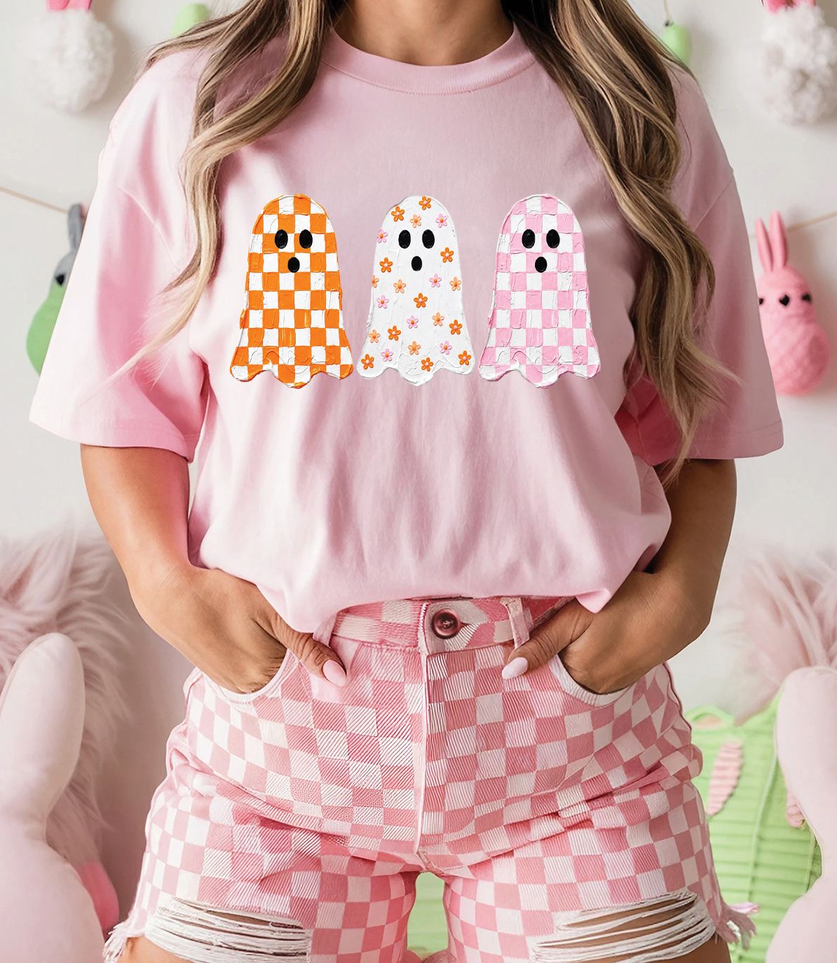 Cute Checkered Ghost Halloween Tee, Size: MEDIUM, Style: Baby Pink Tee