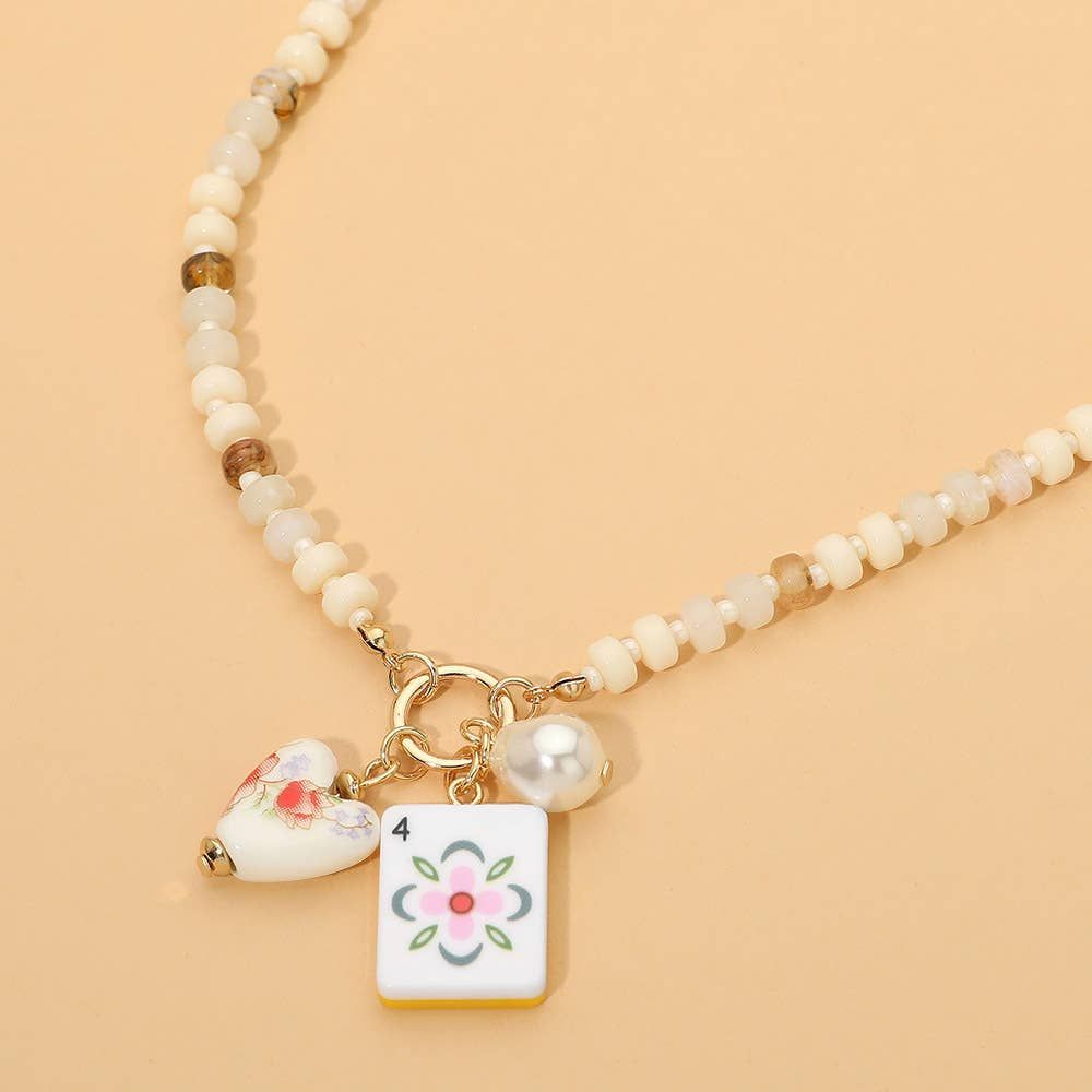 Mahjong Tile Charm Pearl Floral Bead Ball Charm Pendant Beaded Necklace, Color: Gold,Ivory