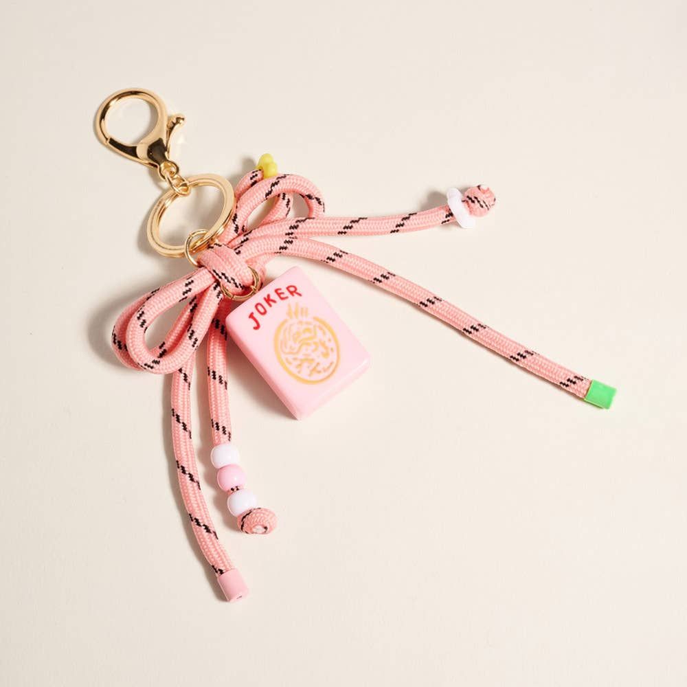 Mahjong Tile Drop Bow Knot Strap Keychain Bag Charm, Color: Pink