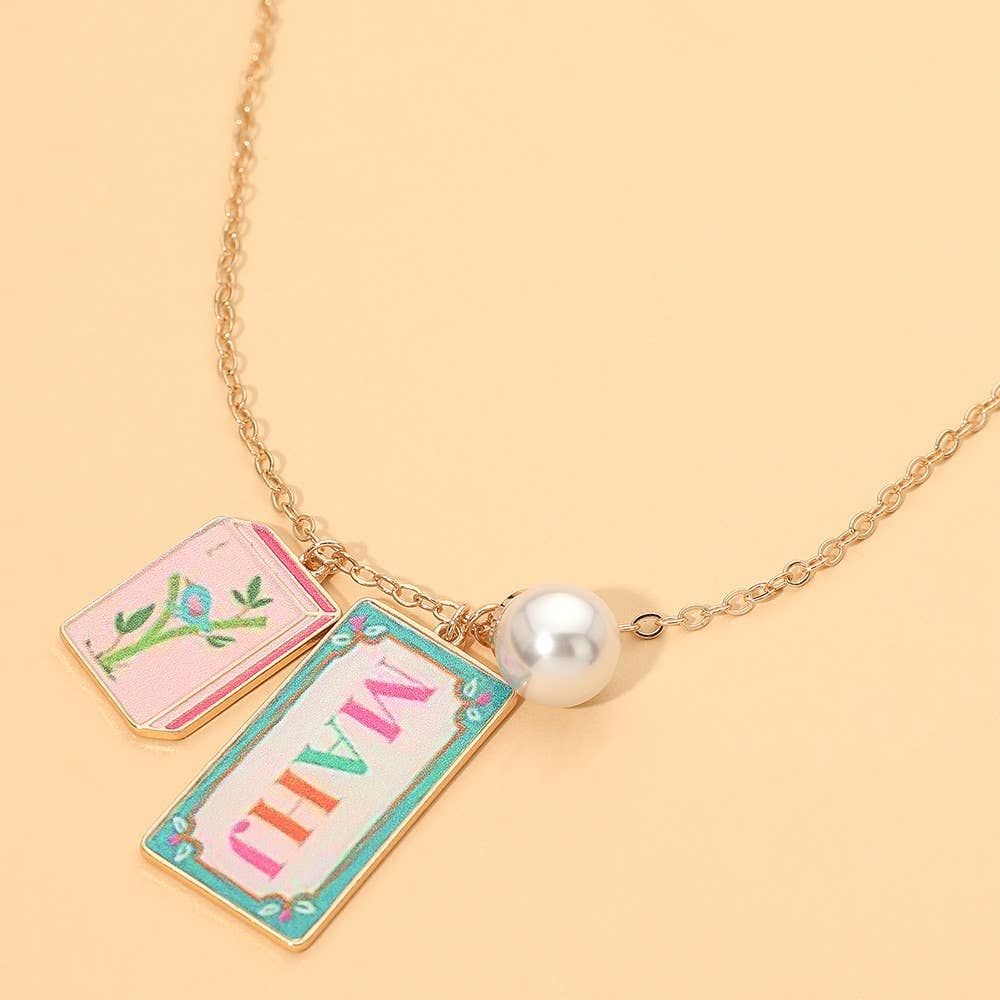 Mahjong Tile Pearl Charm Pendant Necklace