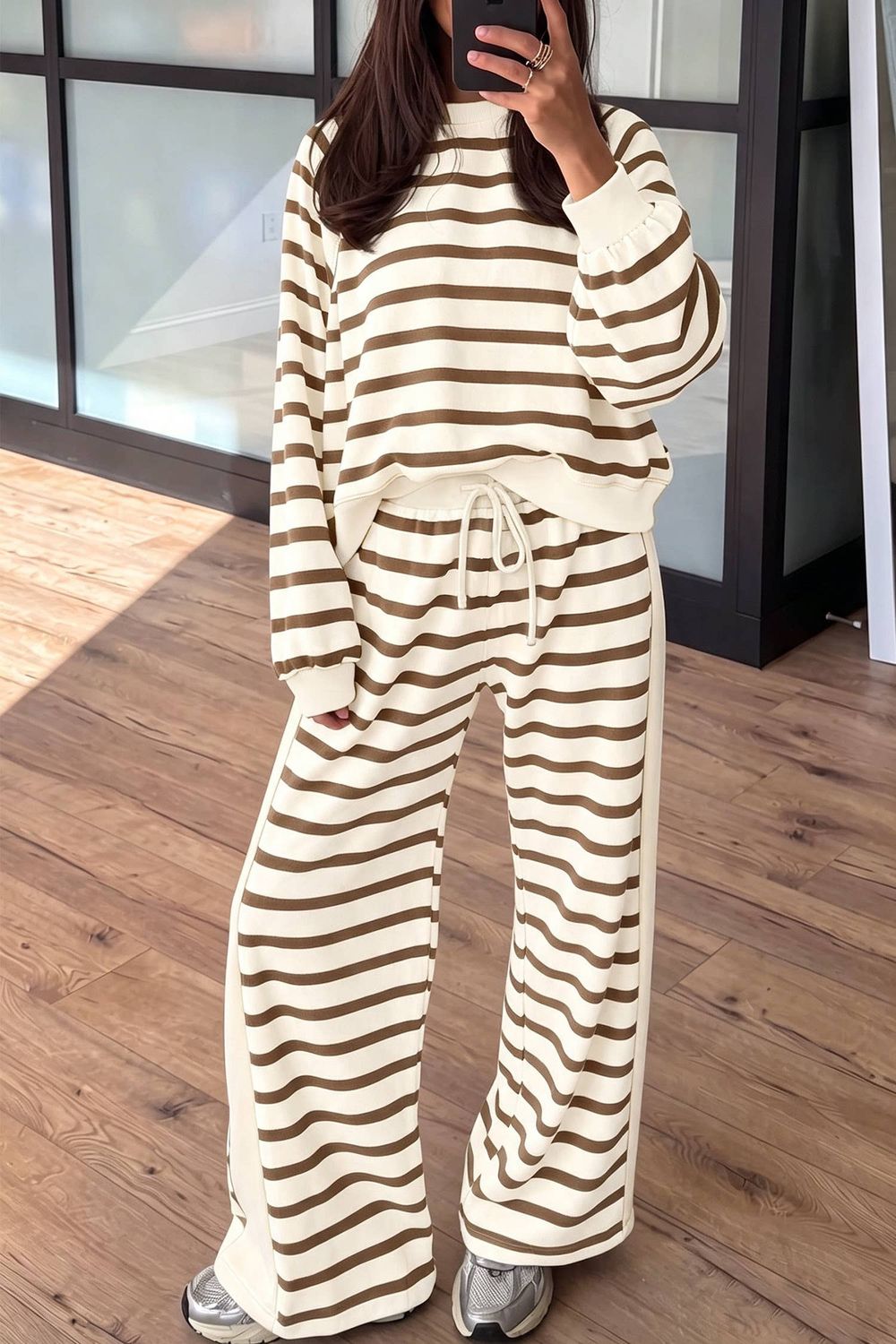 Stripe  Colorblock Drawstring Pant Set, Color: Khaki Stripe, Size: XL