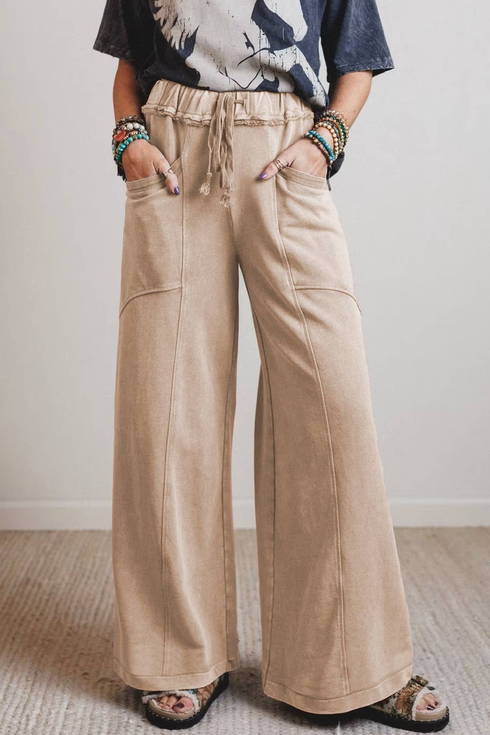 66 Mineral Wash Drawstring High Waist Wide Leg Pants, Color: Smoke Gray, Size: XL