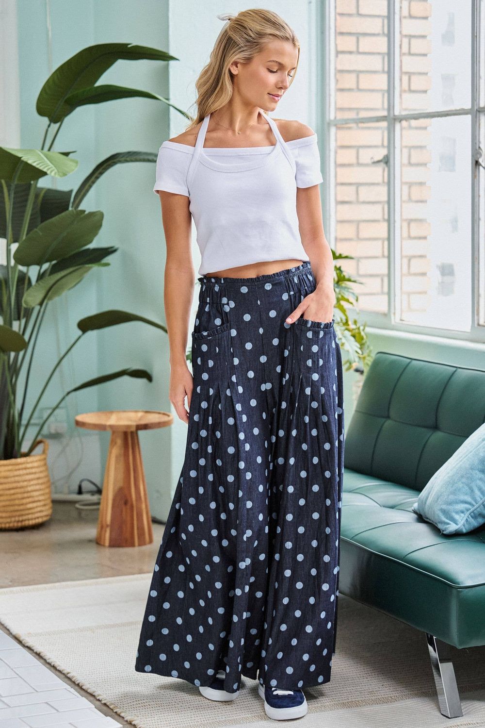 POLKA DOT DENIM PINTUCK WIDE LEG PANTS, Color: DENIM, Size: L