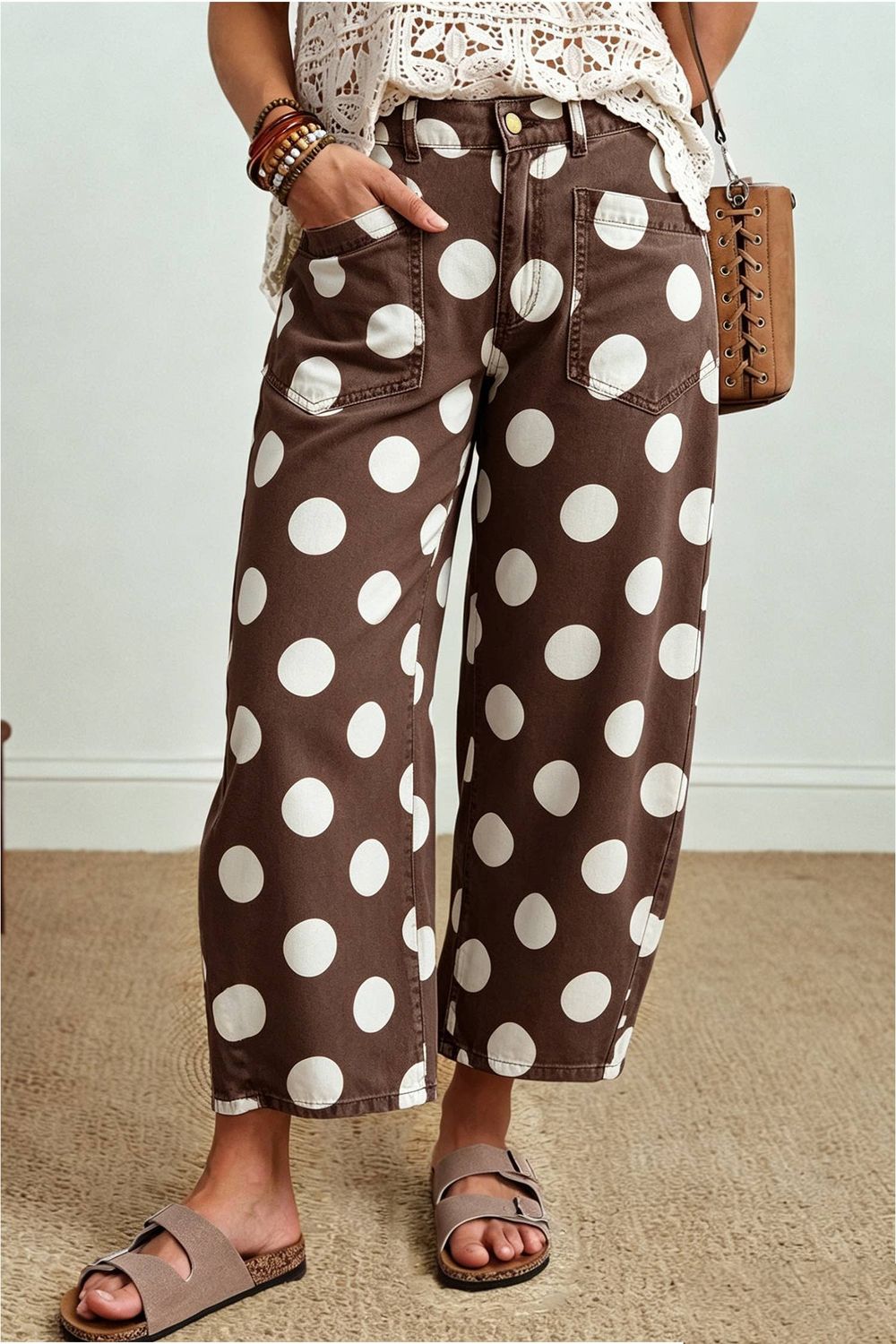 Polka Dot Pocket Ankle-Length Wide Leg Jeans, Color: Brown, Size: 12