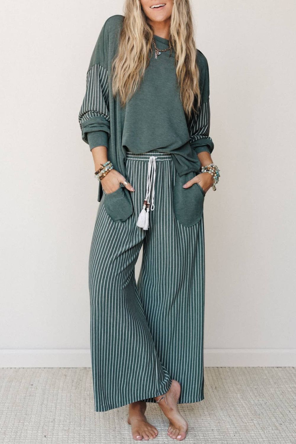 Striped Contrast High Waist Pants Set