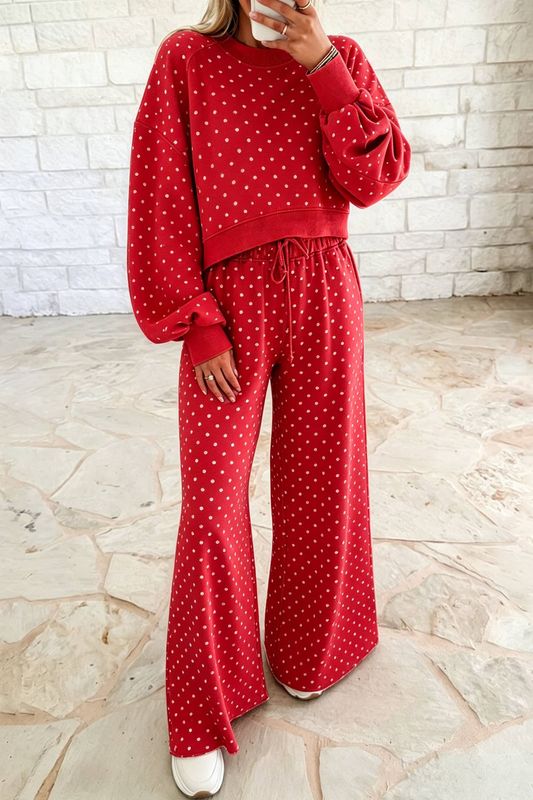 Polka Dot Drawstring Top and Pants Set