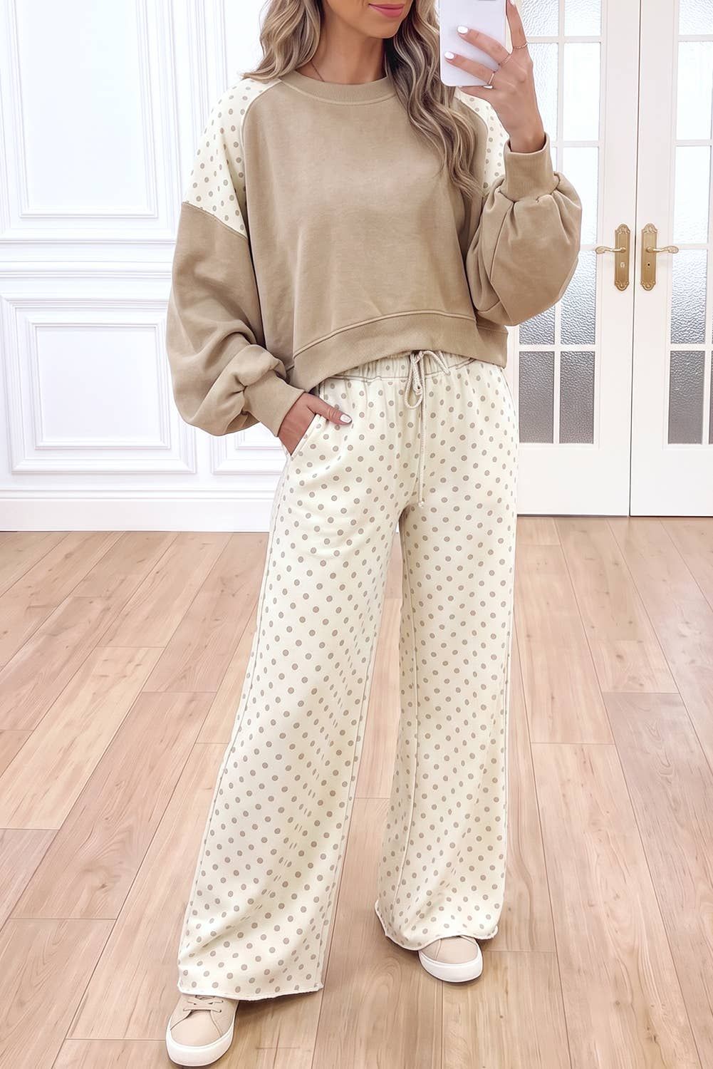 Polka Dot Colorblock Casual  Pants Set, Color: Khaki, Size: S