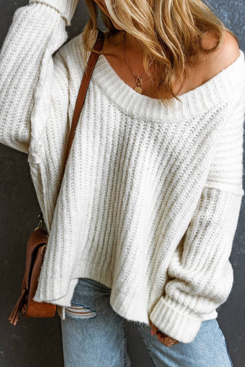 66 Ribbed Knit Slouchy Chunky Sweater, Color: White, Size: M