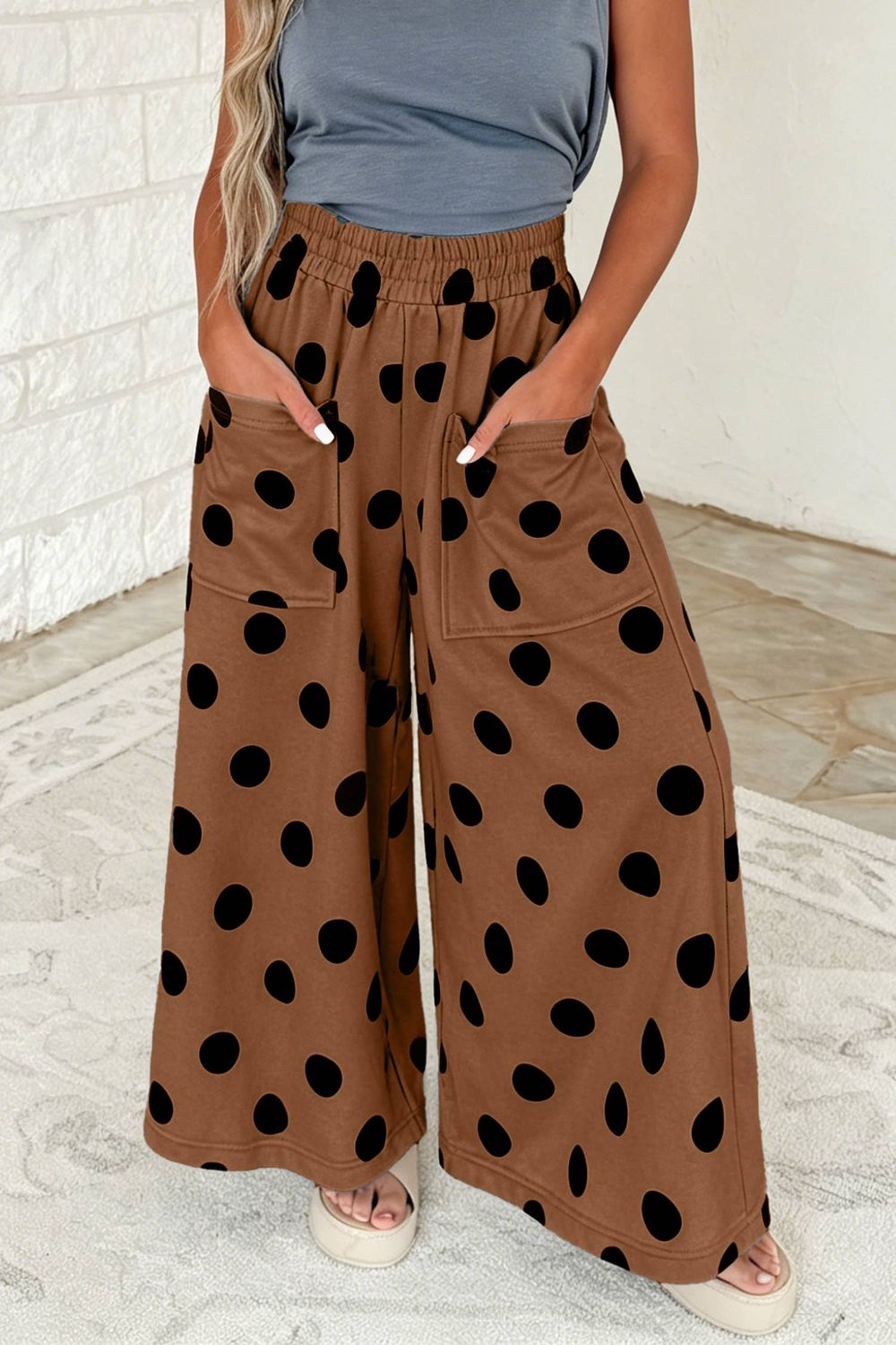 66 Polka Dot Smocked Waist Wide Leg Pants, Color: Brown, Size: L
