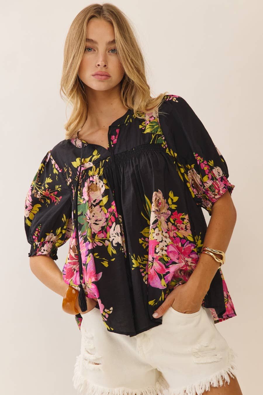 Black Floral Print Blouse, Color: Black Multi, Size: L