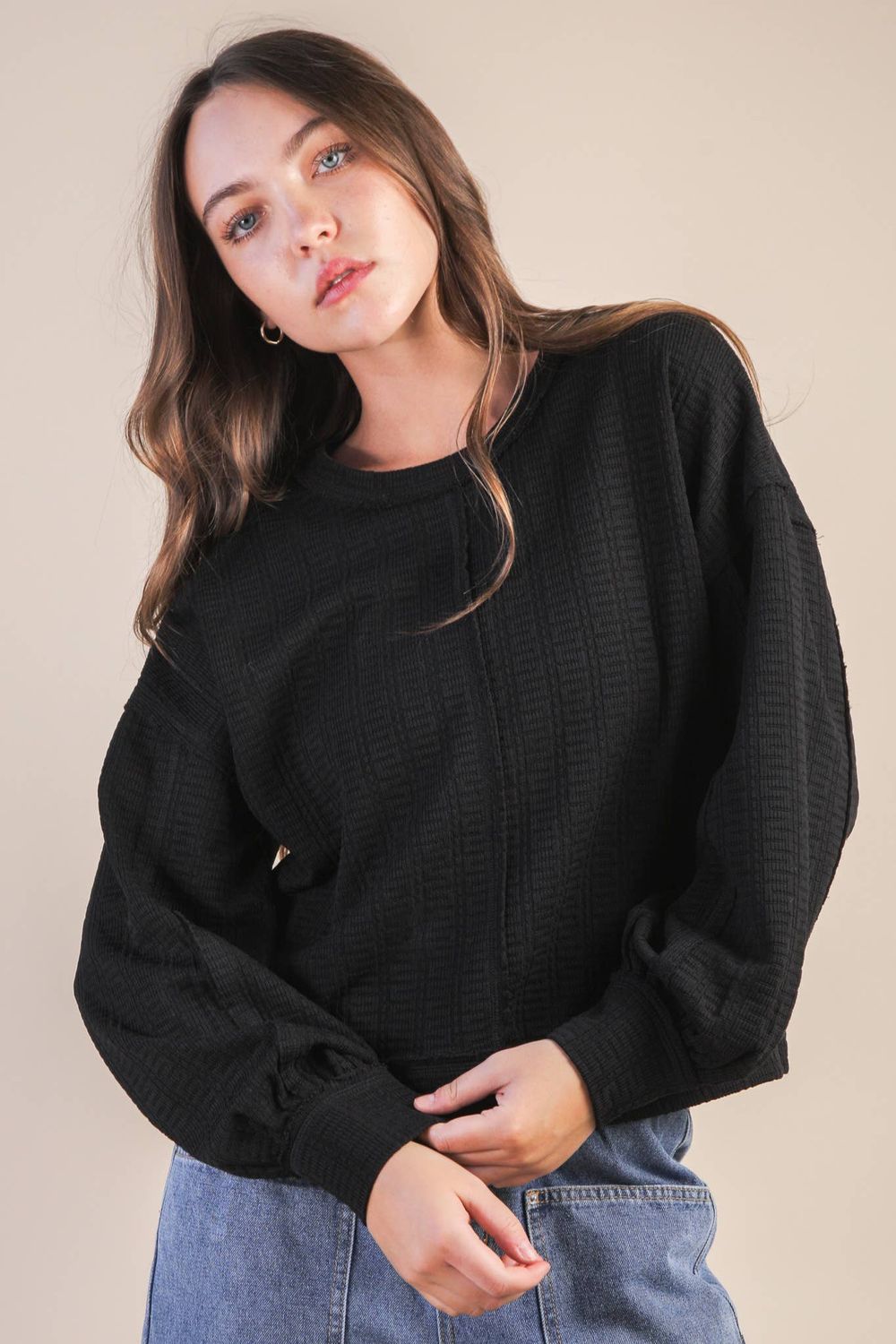 Raw Edge Detail Oversized Textured Knit Top, Color: BLACK, Size: S