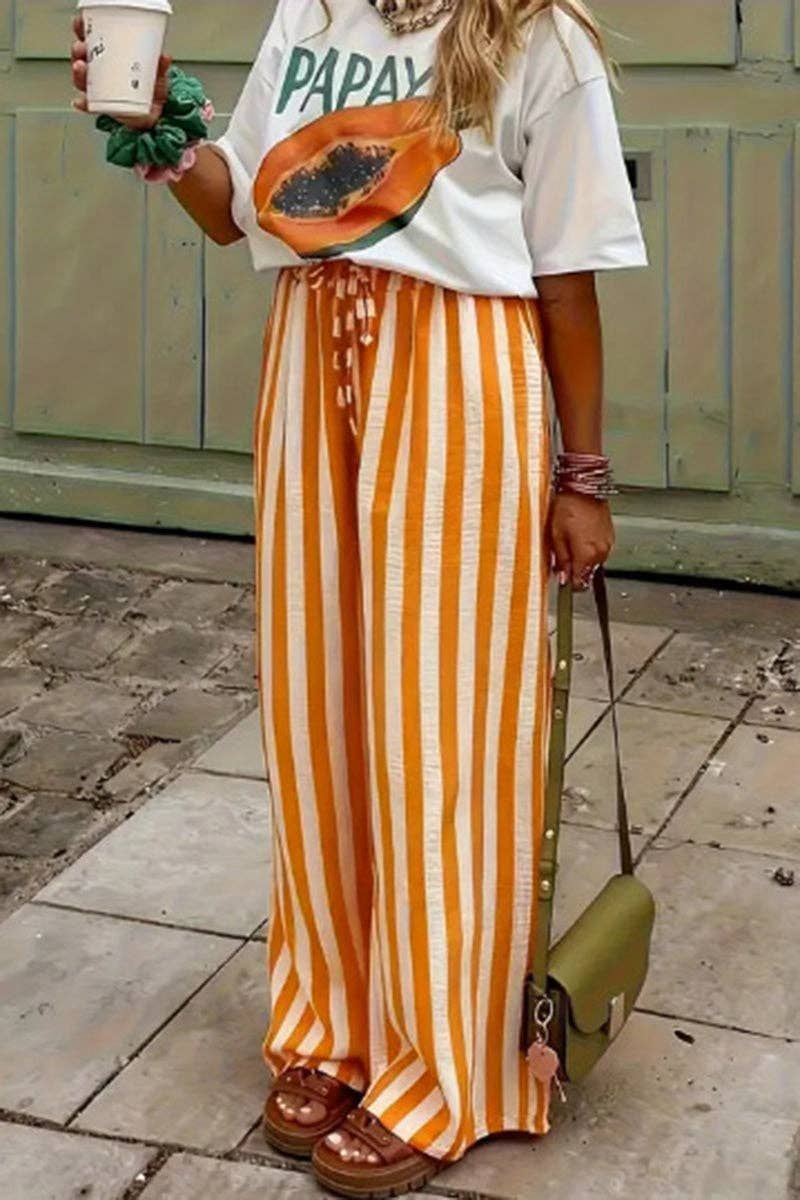 Striped Wide-Leg Casual Pants, Color: ORANGE, Size: S