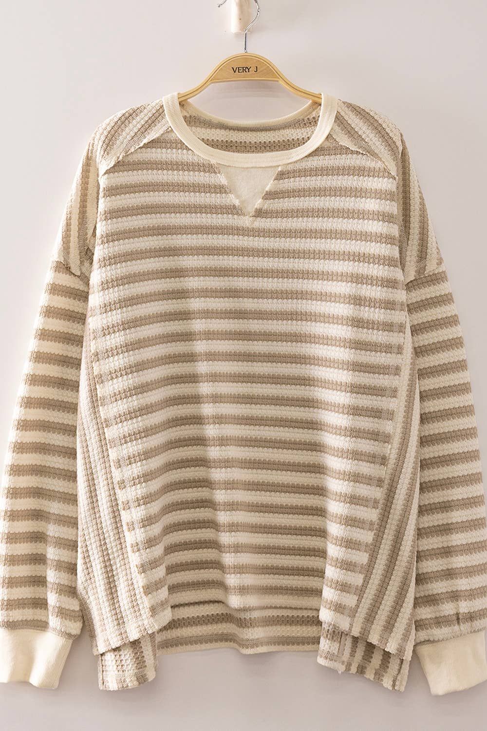 Stripe Waffle Top, Color: TAUPE/CREAM, Size: S