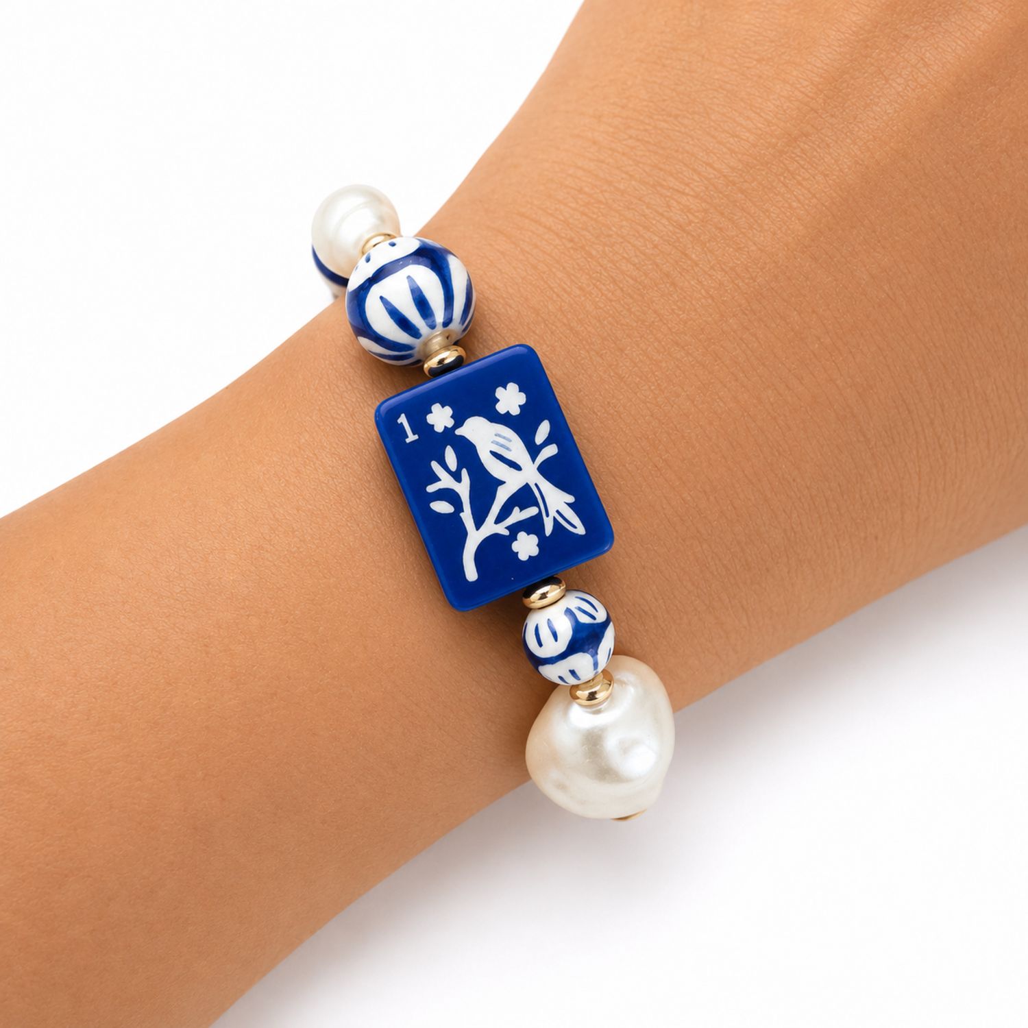 Mahjong Tile Mixed Bead Stretch Bracelet, Color: Blue Bird