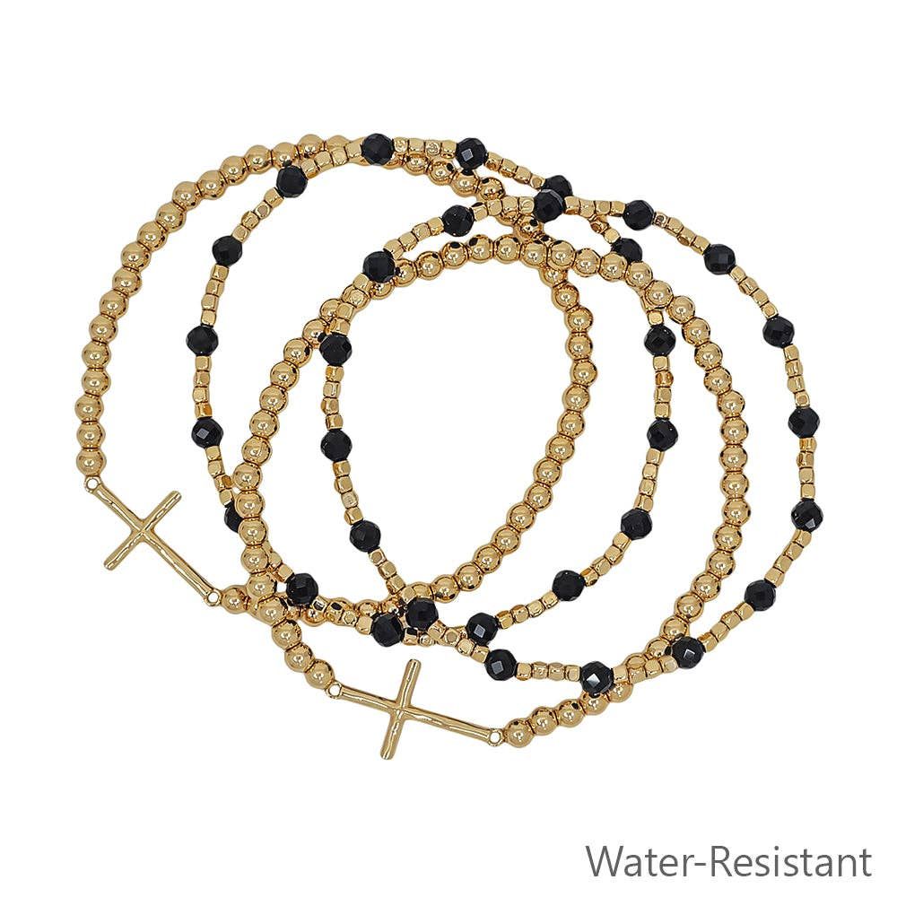 Water Resistant Black Beaded with Cross Set of 4 Stretch Bracelets