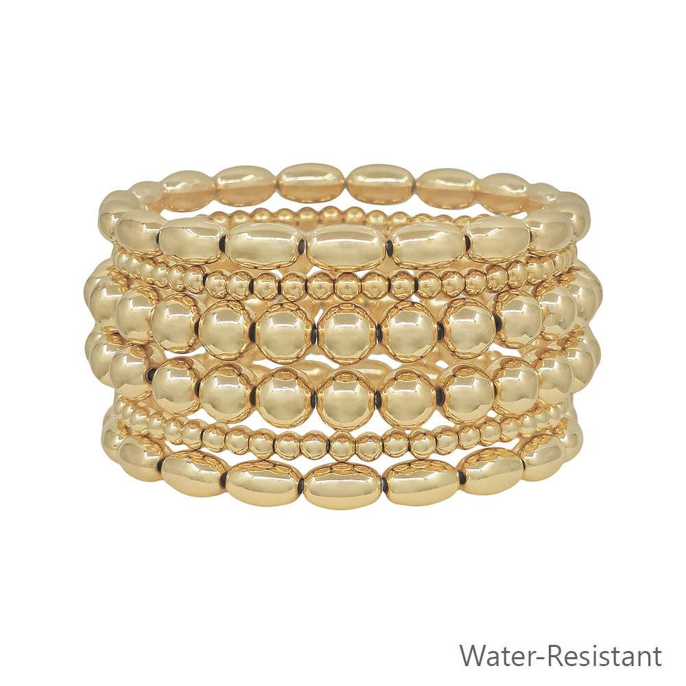 Water Resistant Set of 6 Gold Oval Beaded 4 and 8mm Stretch Bracelet