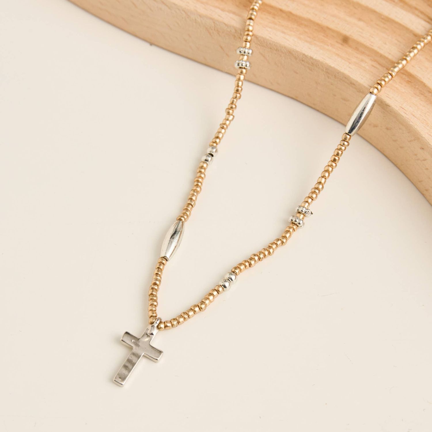Cross Necklace 15" Seed Beaded Inspirational Pendant Amber, Color: Yellow Gold