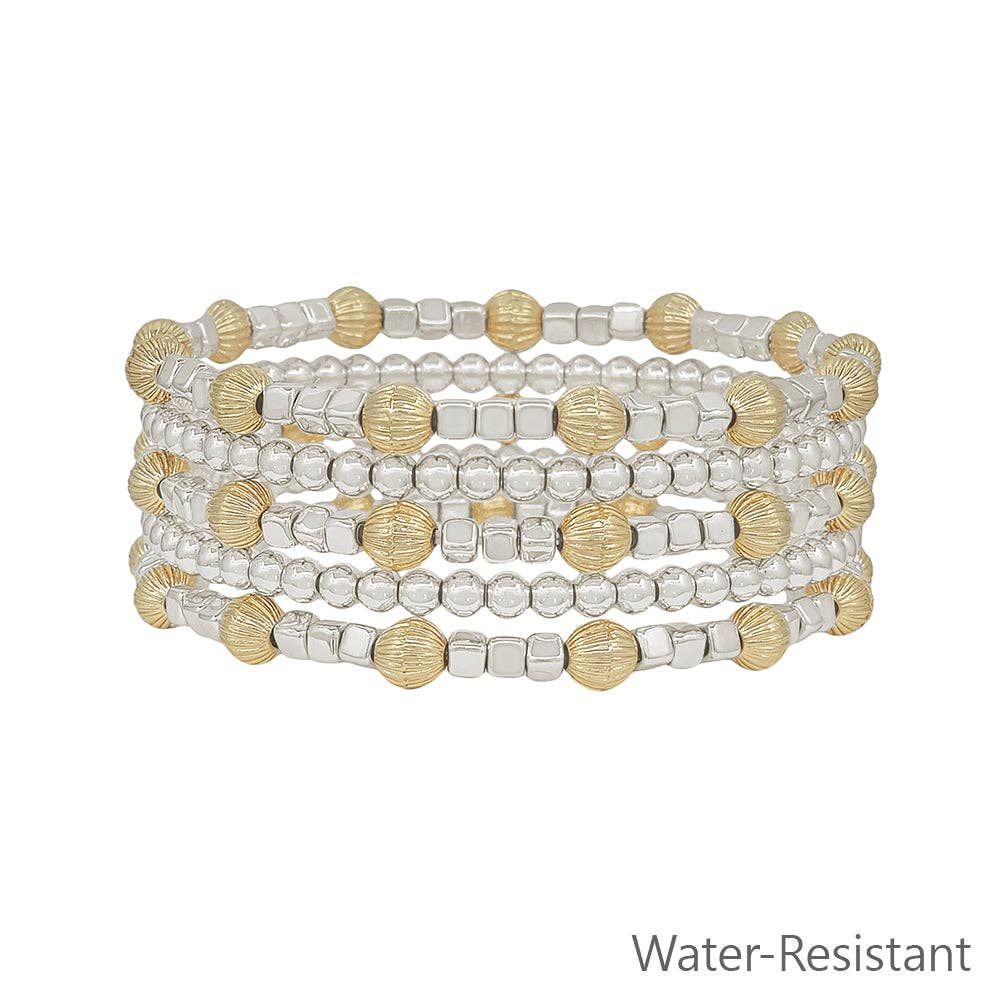 Water Resistant Silver and Gold Beaded Set of 5 Stretch Bracelets