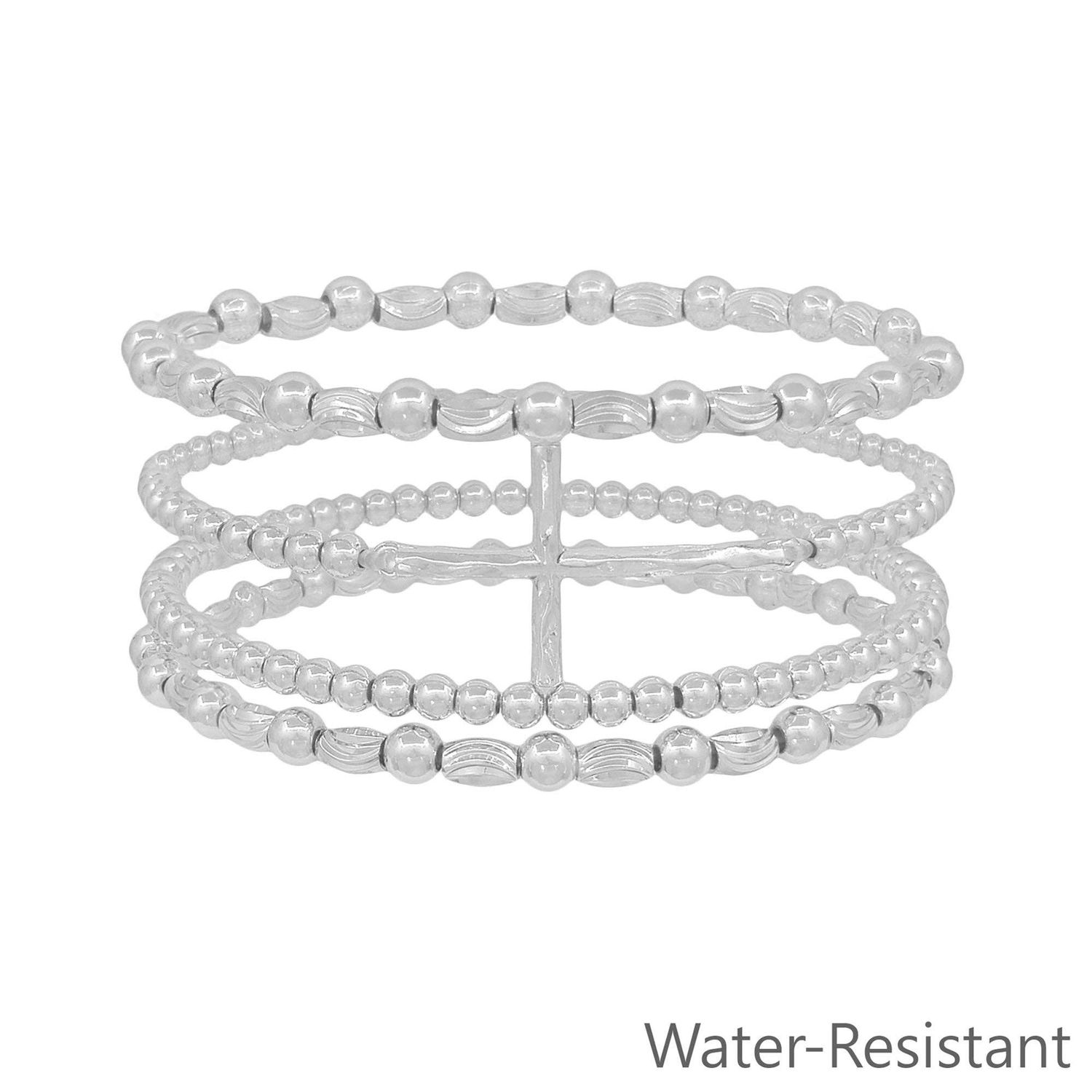 Water Resistant Set of 4 Silver Cross and 4MM Beaded Stretch Bracelets