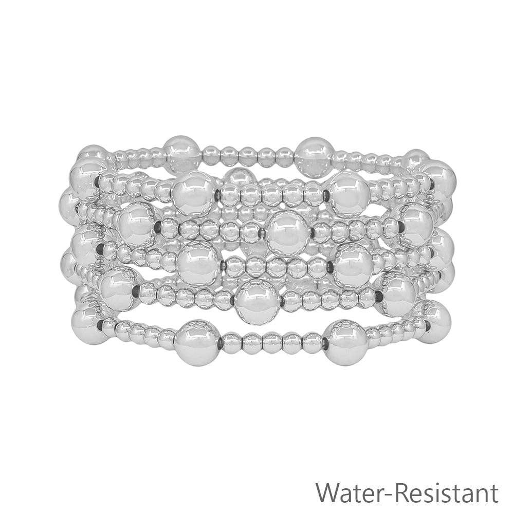 Water Resistant Set of 5 8MM &amp; 4MM Silver Beaded Stretch Bracelets