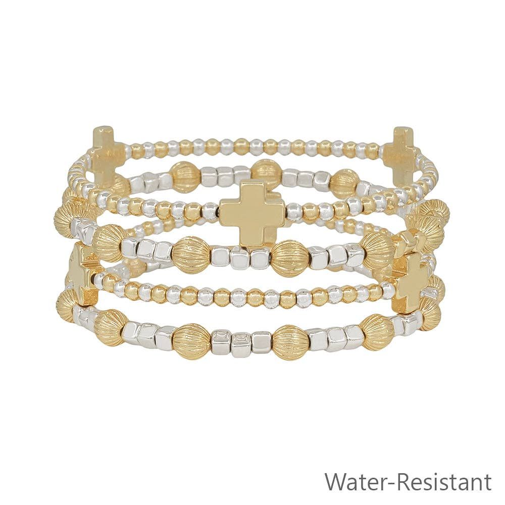 Water Resistant Silver and Gold Beaded with Cross Set of 4 Stretch Bracelets