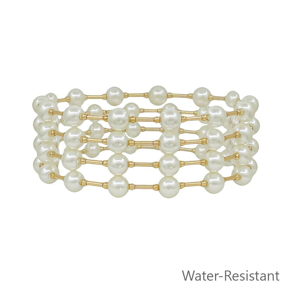 Water Resistant Set of 4 6MM Pearl and Gold Stretch Bracelet