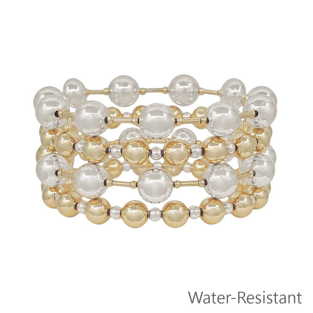 Water Resistant Gold and Silver Beaded 10MM Set of 4 Stretch Bracelets