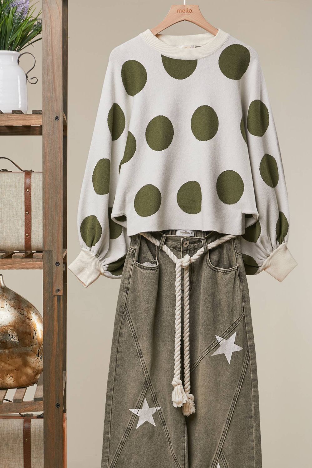Oversized Polka Dot Knit Sweater, Color: Off White, Size: S