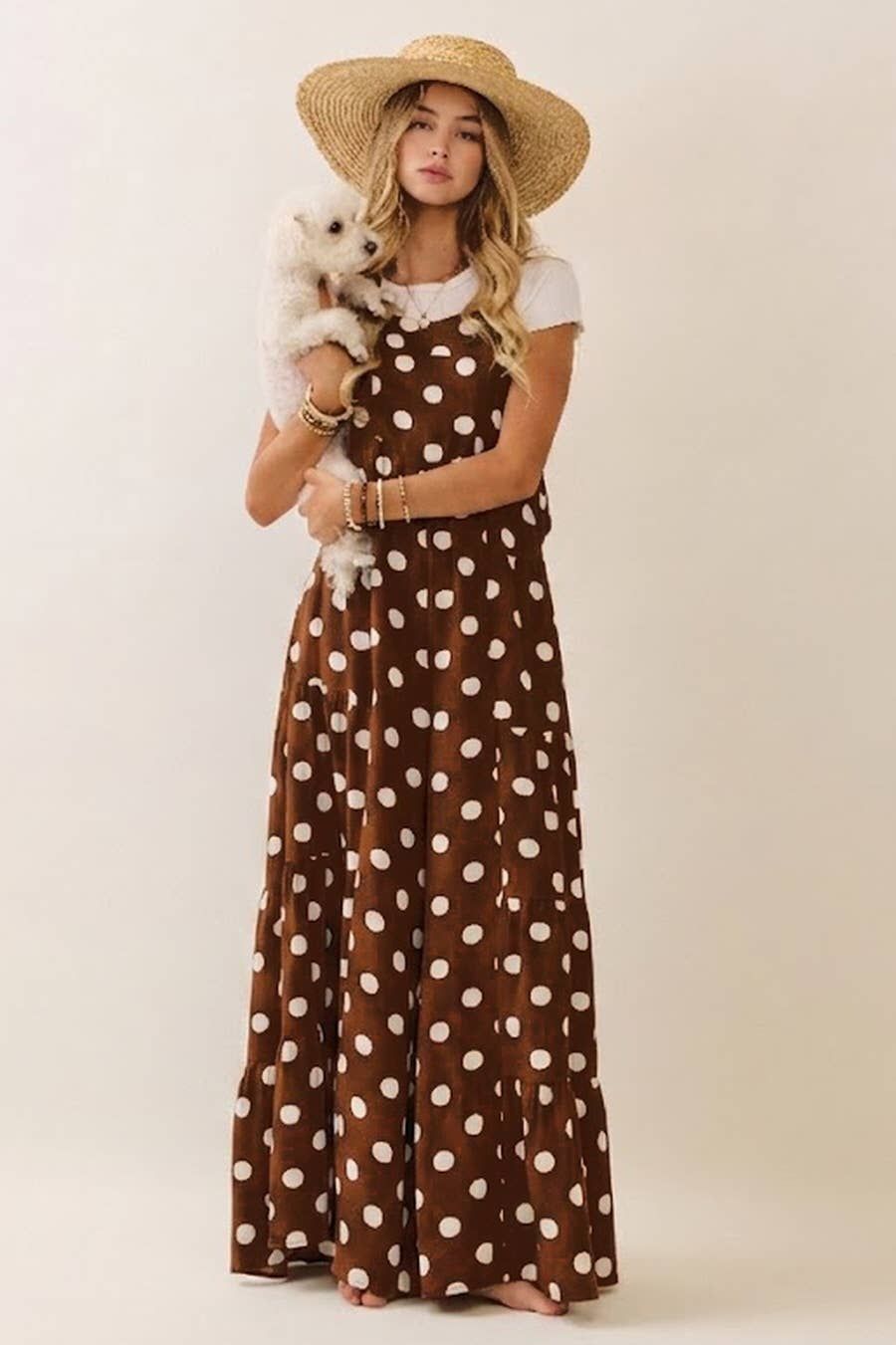 Polka Dot Sling Maxi Jumpsuit, Color: Chocolate White, Size: S