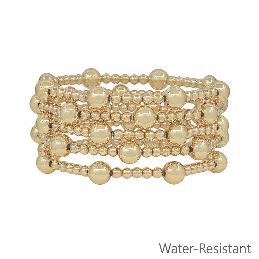 Water Resistant Set of 5 8MM &amp; 4MM Gold Beaded Stretch Bracelets