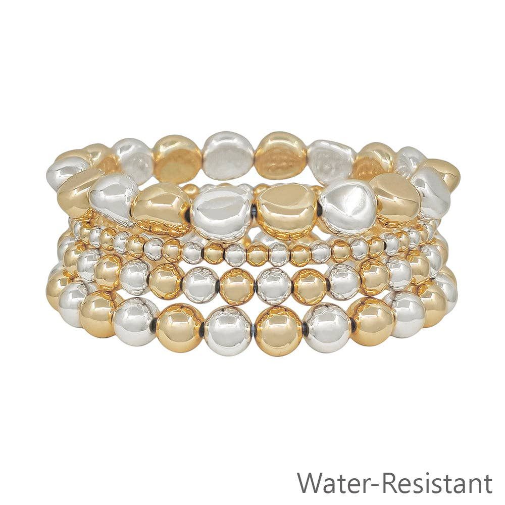Water resistant Gold and Silver Graduated 4,6,8MM Beaded Set of 4 Stretch Bracelets