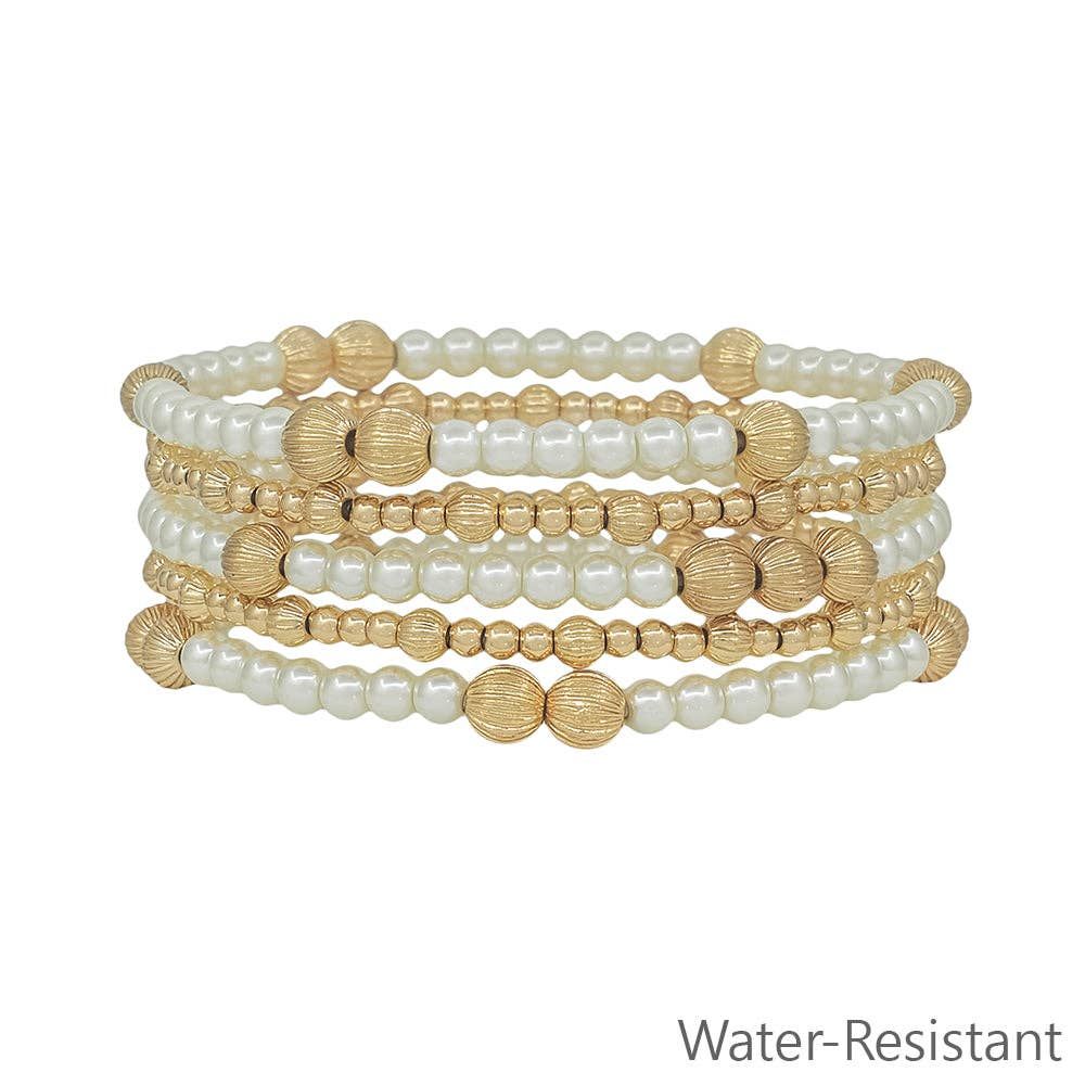 Water Resistant Gold Beaded and Pearl Set of 5 Stretch Bracelets