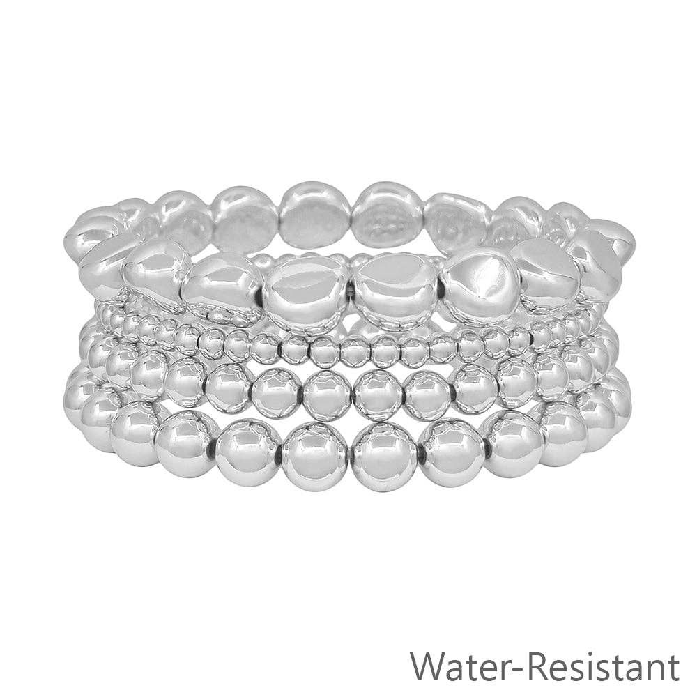 Water resistant Silver Graduated 4,6,8MM Beaded Set of 4 Stretch Bracelets