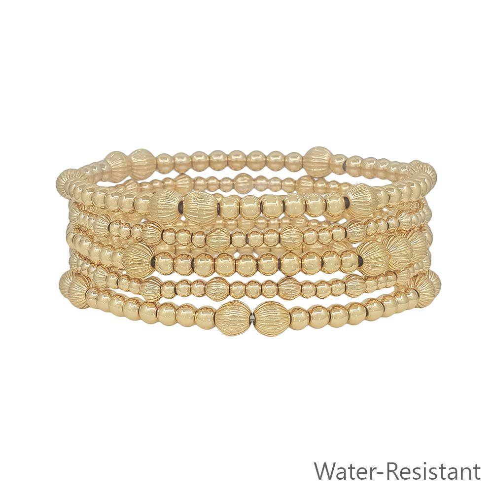 Water Resistant Gold Beaded Set of 5 Stretch Bracelets