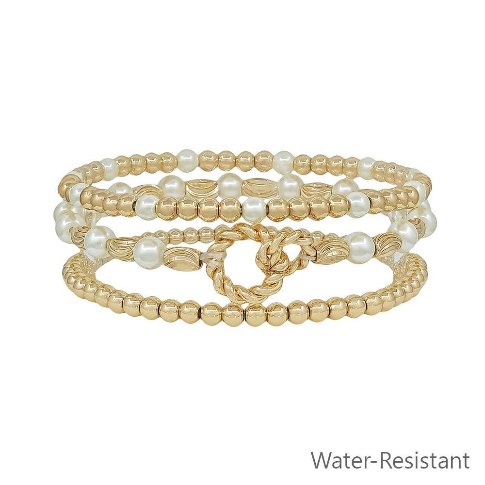 Water Resistant Set of 3 Gold Oval Beaded Link Bracelet